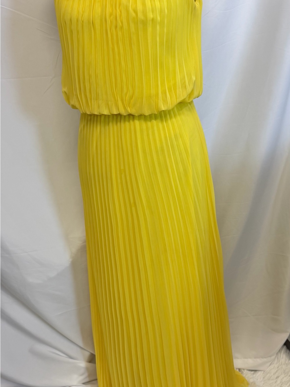Bright Yellow Pleated Halter Maxi Dress Gold Hardware Grecian Resort Glam